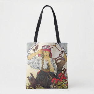 Tote Bag Fille et géranium, Mucha