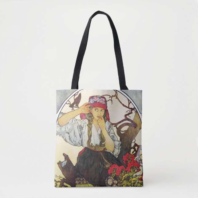 Tote Bag Fille et géranium, Mucha (Devant)