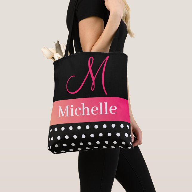 Tote Bag Fille Glam Hot rose et noir Nom du monogramme (De près)