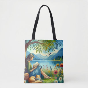 Tote Bag Fille lisant un livre sous un arbre avec un chat e