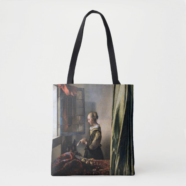 Tote Bag Fille lisant une lettre à une fenêtre ouverte, Ver (Devant)