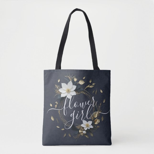 Tote Bag Fille Mariage Fleur Black White Gold Floral (Devant)