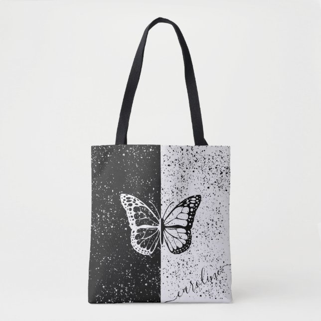 Tote Bag Fille Papillon noir & blanc Élégant Nom personnali (Devant)