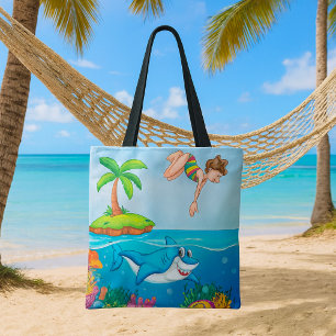 Tote Bag Fille plongeant dans l'océan avec un requin ami et