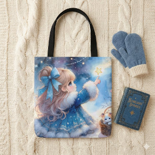 Tote Bag Fille Rêveuse Observatrice d'Étoiles Aquarelle