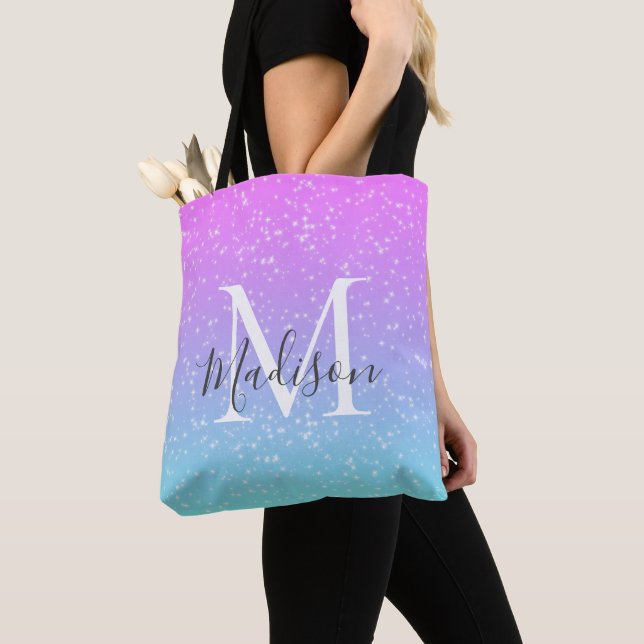 Tote Bag Fille rose bleu arc-en-ciel étoile Parties scintil (De près)