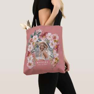 Tote Bag Fille rose florale photo fête de graduation élégan