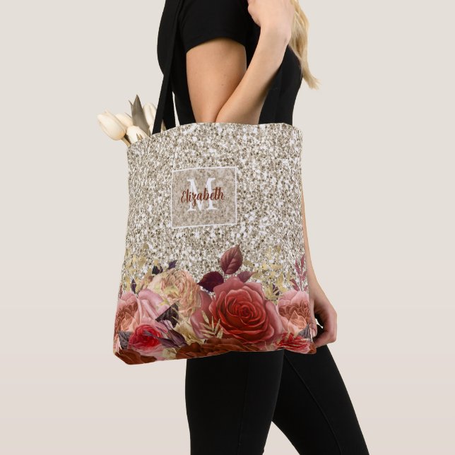 Tote Bag Fille Rose Or Floral Monogramme Parties scintillan (De près)