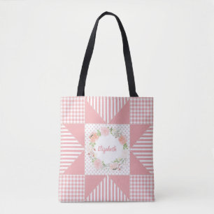 Tote Bag Fille rose soir Star Quilt Rose couronne et nom
