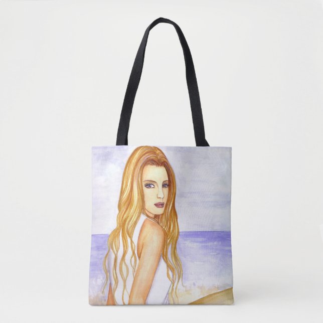 Tote Bag Fille sur la plage aquarelle peinture (Devant)