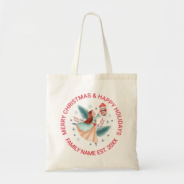 Tote Bag Fille tenant un ornement de noisette Texte personn (Devant)
