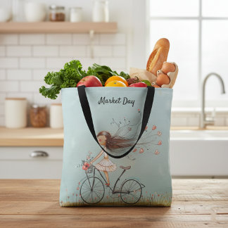 Tote Bag Fille Vintage sur un Marché Floral à Vélo