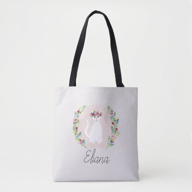 Tote Bag Filles mignonnes chattes blanches avec fleurs et n (Devant)