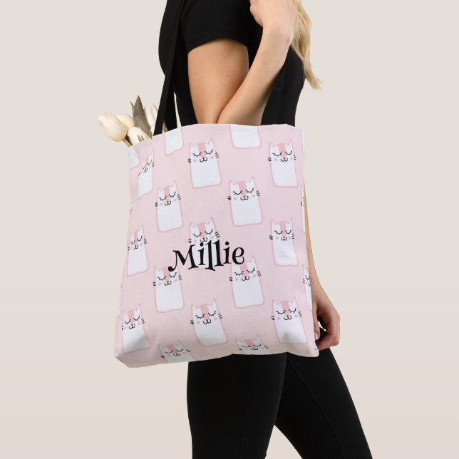 Tote Bag Filles Nom Cute Chat Rose Motif School (De près)