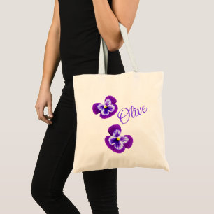 Tote Bag Filles "Olive" Nom Avec Pansies Violettes,