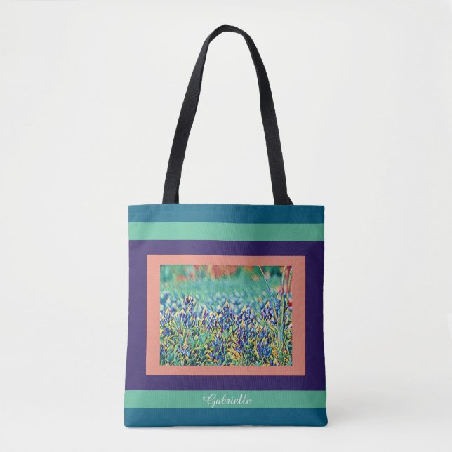Tote Bag Fiole de bleuets, violet, saumon, aqua; nom w (Devant)