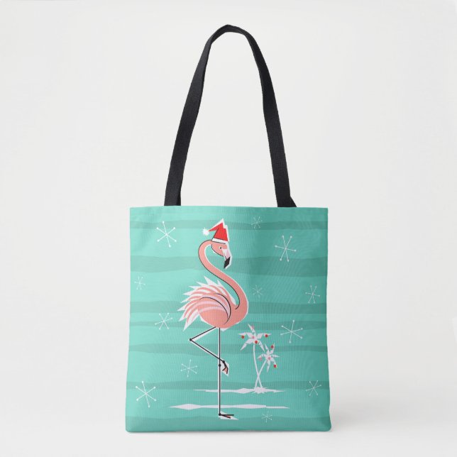 Tote Bag Flamant rose de Noël en bande partout à fourre-tou (Devant)