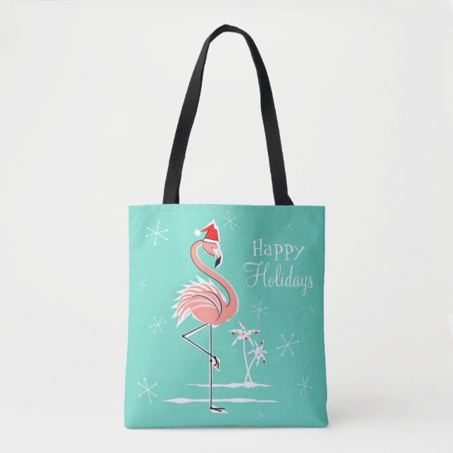 Tote Bag Flamant rose de Noël Joyeuses Fêtes partout à four (Devant)