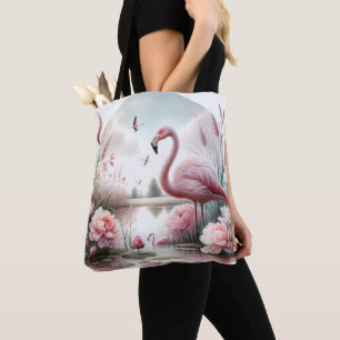 Tote Bag Flamant rose en Pastel Pond Floral Scene