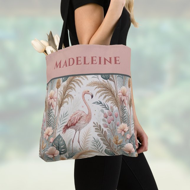 Tote Bag Flamant rose et feuillage en rose et sauge Dusty (Créateur téléchargé)