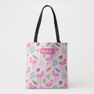 Tote Bag Flamant rose et monogramme de feuilles tropicales 