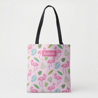 Tote Bag Flamant rose et monogramme de feuilles tropicales