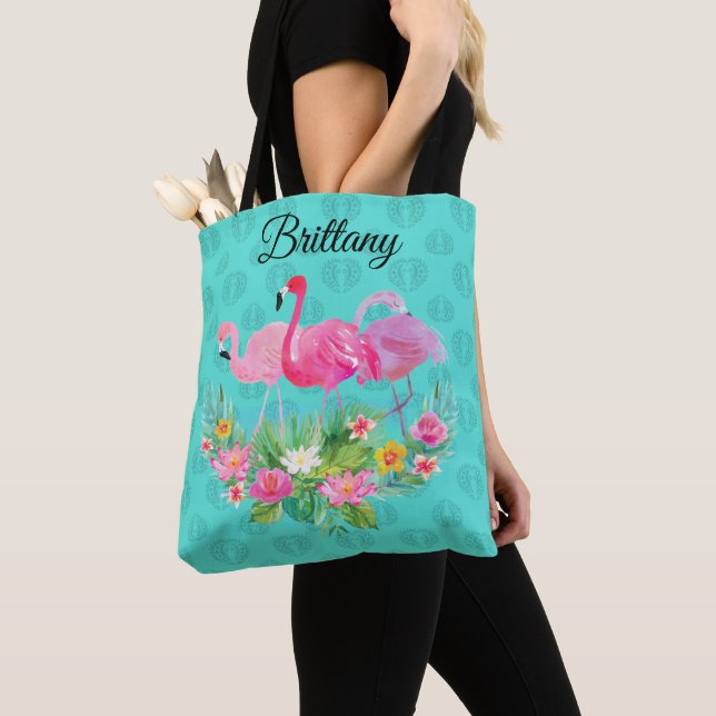 Tote Bag Flamant rose floral de l'île tropicale (De près)