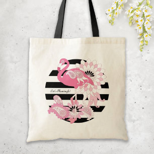 Tote Bag Flamant rose moderne noir rayé rose