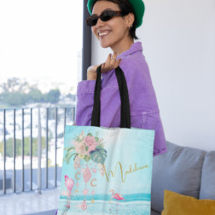 Tote Bag Flamant rose Océan Plage Joyaux Plutôt Rose