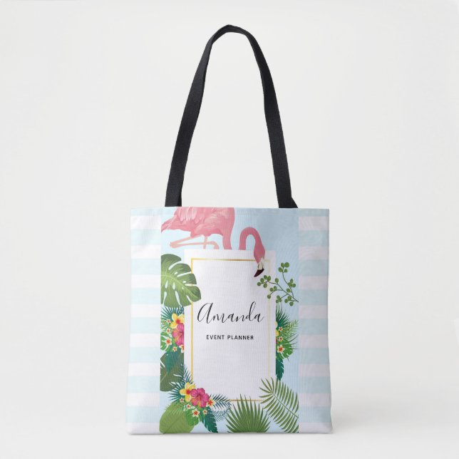 Tote Bag Flamant rose rose élégant et Feuilles tropicaux (Devant)