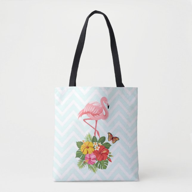 Tote Bag Flamant rose rose & Hibiscus Tropical Fancy (Devant)
