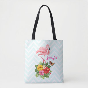 Tote Bag Flamant rose rose & Hibiscus Tropical Fancy