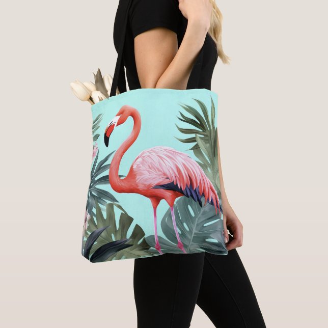 Tote Bag Flamant rose tropical rose et bleu (De près)