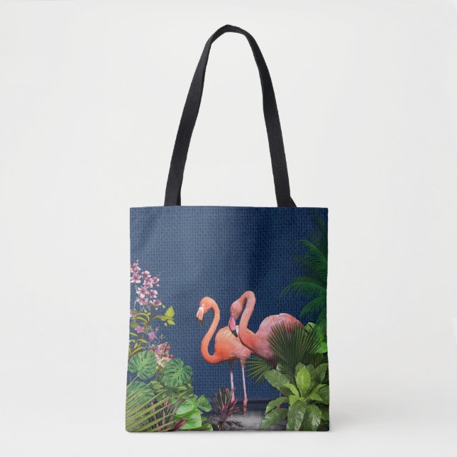 Tote Bag Flamants roses bleus classiques Feuilles verts (Devant)