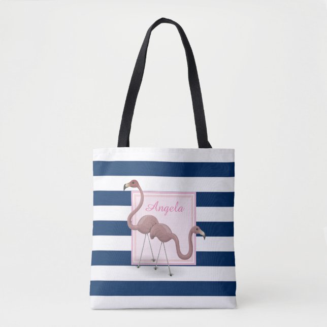 Tote Bag Flamants roses de dessin moderne rayé - Personnali (Devant)