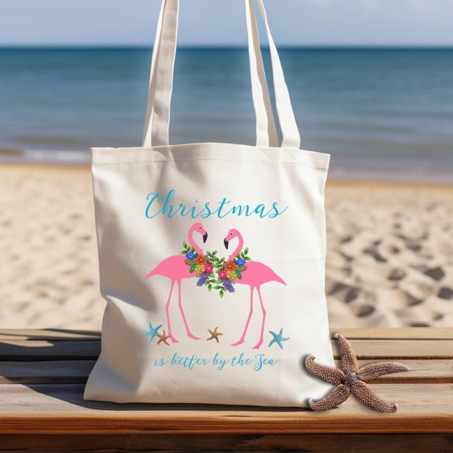 Tote Bag Flamants roses de Noël en bord de mer (Créateur téléchargé)