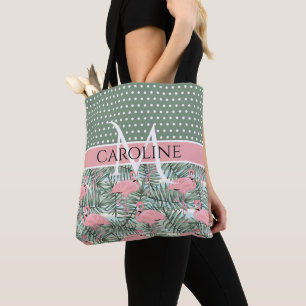 Tote Bag Flamants roses personnalisés motif feuilles de pal