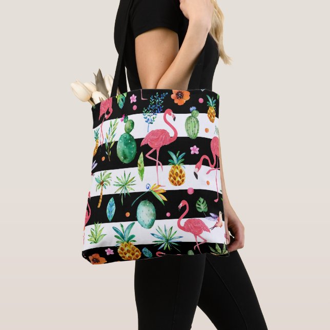 Tote Bag Flamants roses rose Motif tropical et rayures noir (De près)