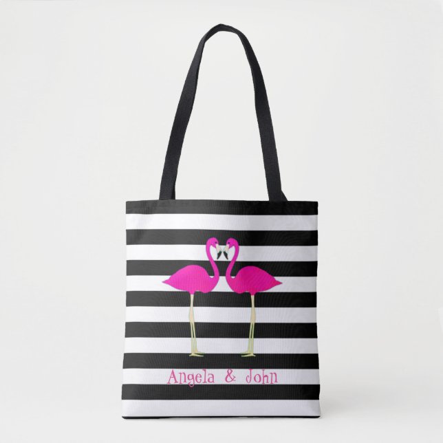 Tote Bag Flamants roses roses, noirs, bandes blanches Perso (Devant)