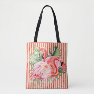 Tote Bag Flamants roses roses Tropical Feuille Coral Stripe