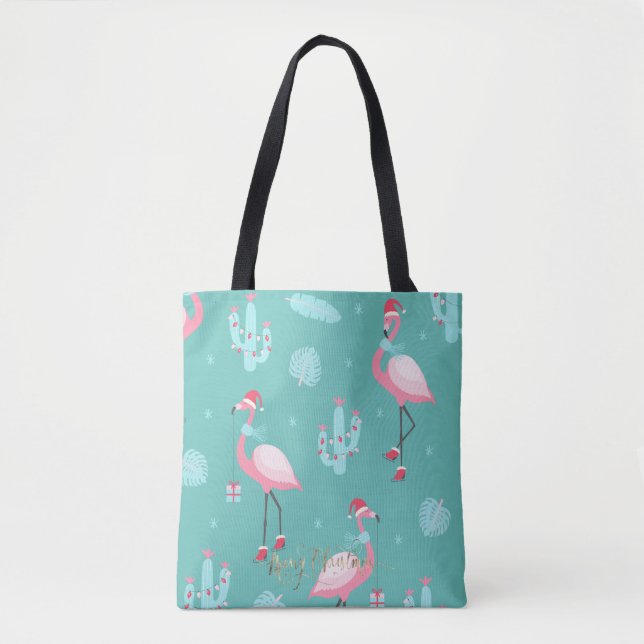 Tote Bag Flamants roses Santa Hat présente des flocons de n (Devant)