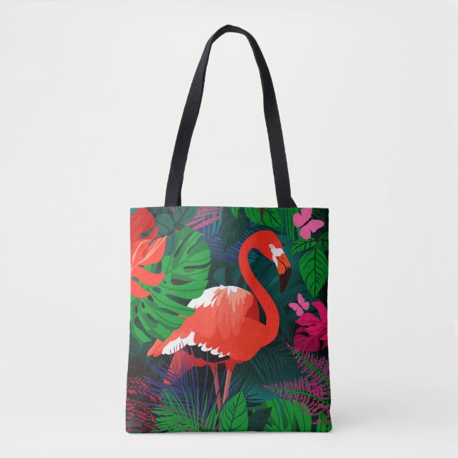 Tote Bag Flamingo rose. Feuilles tropicaux, papillon rose, (Devant)