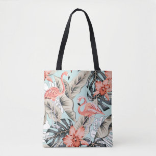 Tote Bag Flamingo rose tropicale avec fleurs d'orchidées et
