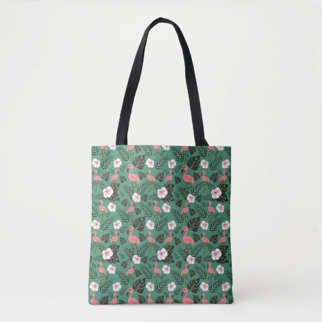 Tote Bag Flamingo seamless pattern pink on green background (Devant)