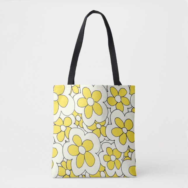 Tote Bag Fleur à main dessinée imprimé jaune blanc (Devant)