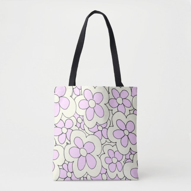 Tote Bag Fleur à main dessinée imprimé rose blanc (Devant)