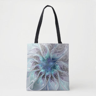 Tote Bag Fleur Abstraite Fractale Moderne Avec Bleu