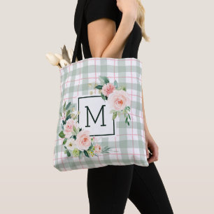 Tote Bag Fleur aquarelle   Monogramme carreau pastel