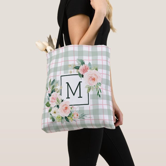 Tote Bag Fleur aquarelle | Monogramme carreau pastel (De près)