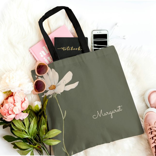 Tote Bag Fleur blanche verte Sage Minimal Simple (Créateur téléchargé)